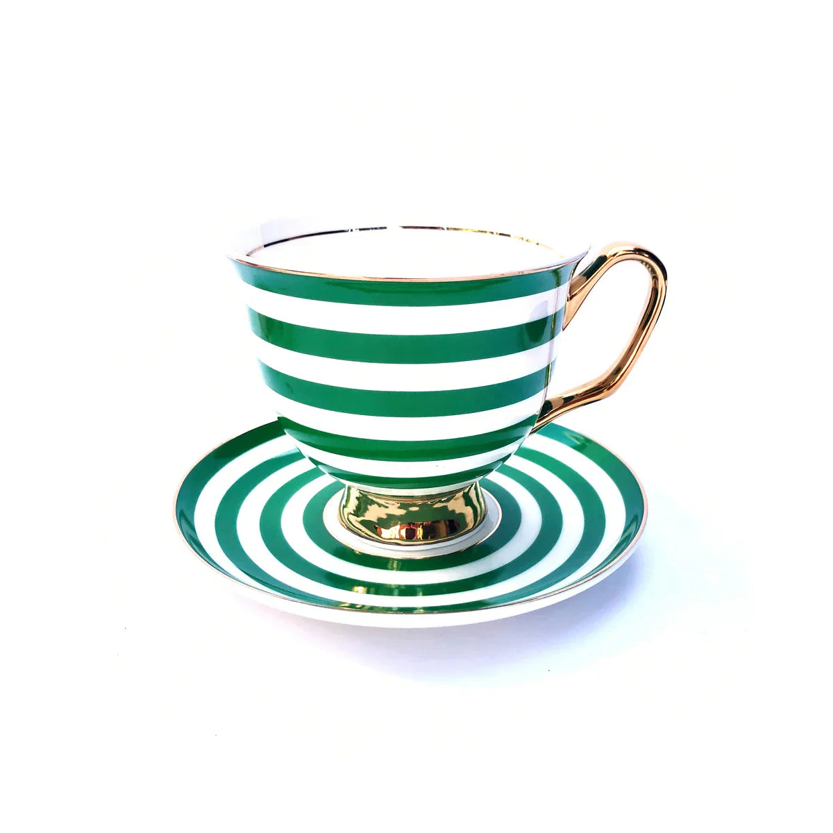 A green and white striped porcelain teacup and saucer set with gold trim, photographed on a clean white background.